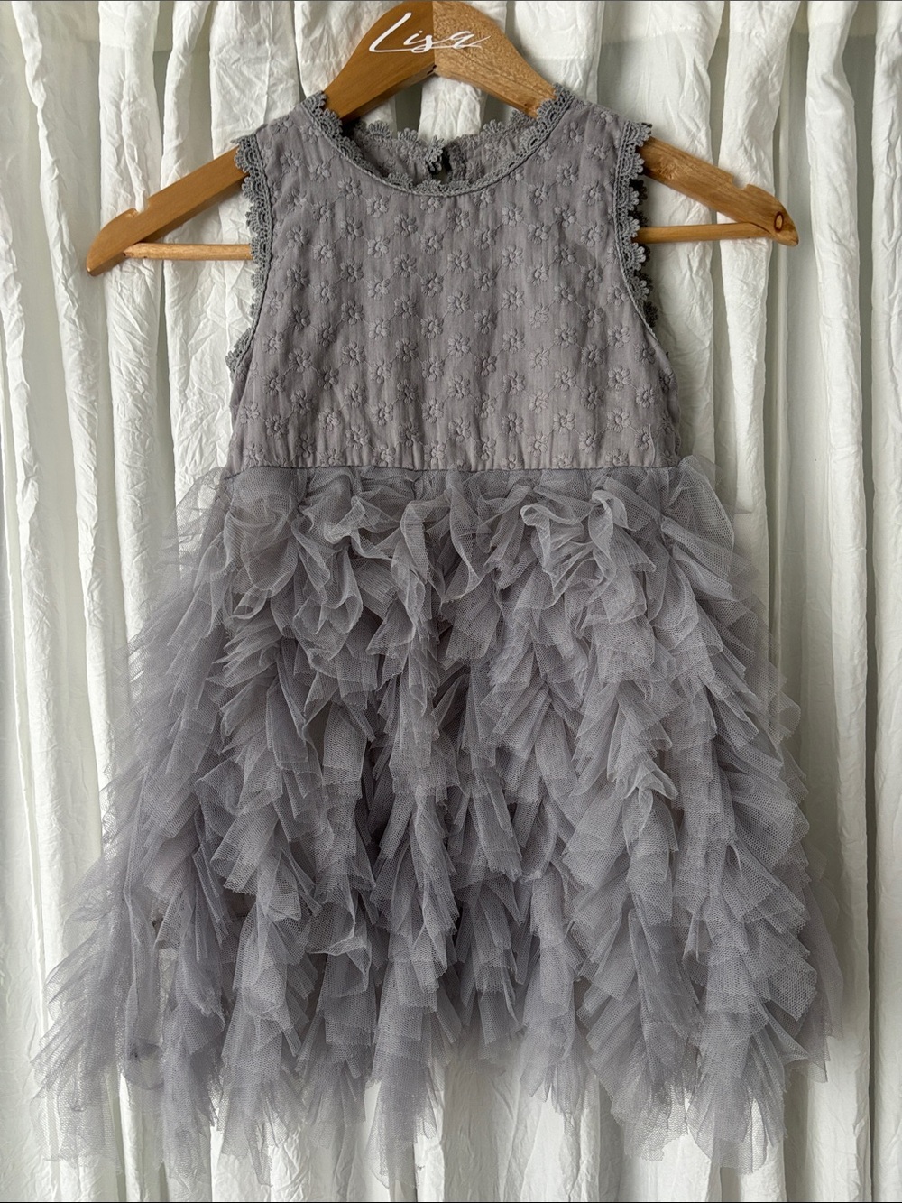 Girls' Ruffled Tulle Party Dress - Gray